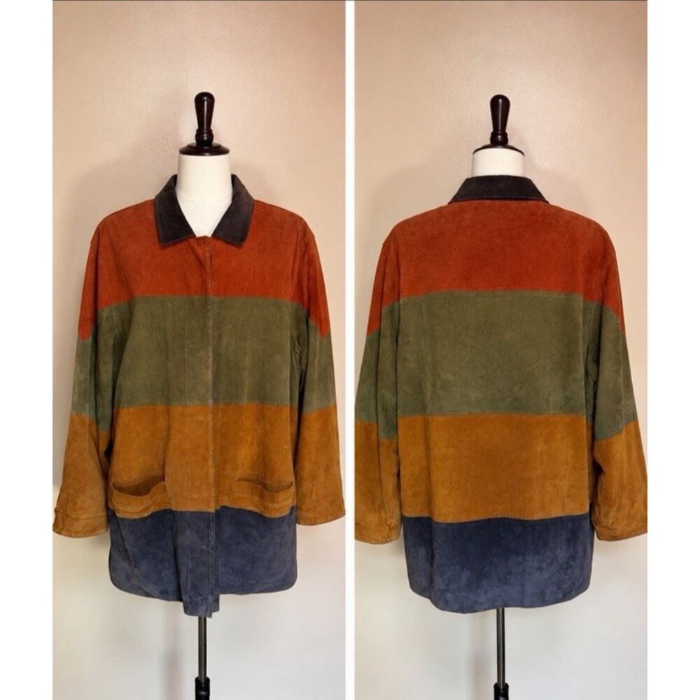 Vintage Color Block Leather Suede Coat Jacket Women's Size L Wool Blend Lining
